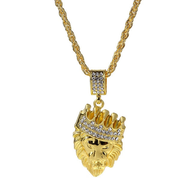 Iced Out 18k Gold Plated Lion Tag Pendant Cuban Chain