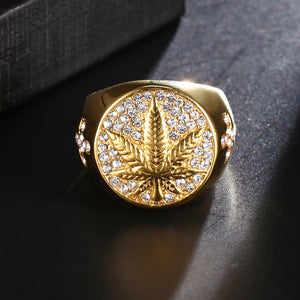 Iced Out Bling 18k Gold Plated Weed Maple leaf Rings