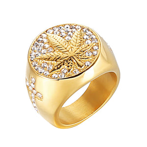 Iced Out Bling 18k Gold Plated Weed Maple leaf Rings