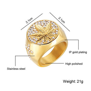 Iced Out Bling 18k Gold Plated Weed Maple leaf Rings